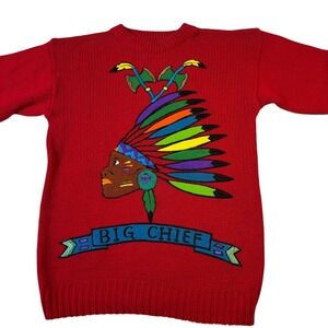 Vintage‎ Gitano Knits Big Chief Sweater Crew Neck Red Graphic Mens Small